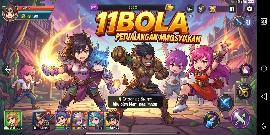 Tampilan gameplay 11BOLA dengan karakter anime yang menarik.