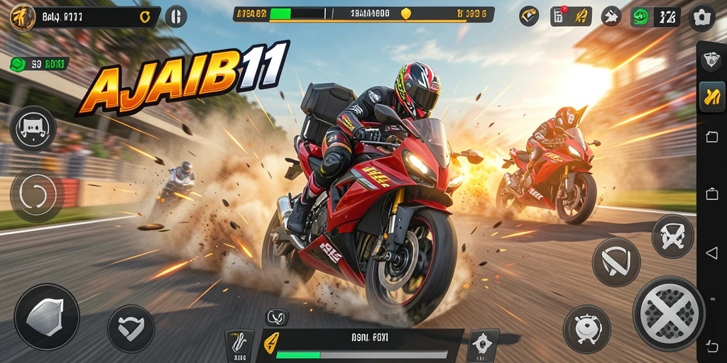 Tampilan gameplay AJAIB11 saat balapan motor di trek menantang.