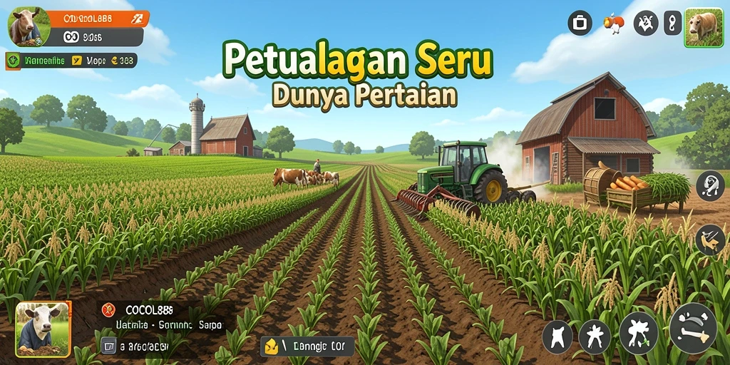 Gameplay seru COCOL88 dengan ladang yang subur dan beragam hewan.