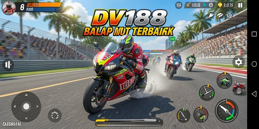 Gameplay balap motor yang mendebarkan dan kompetitif.