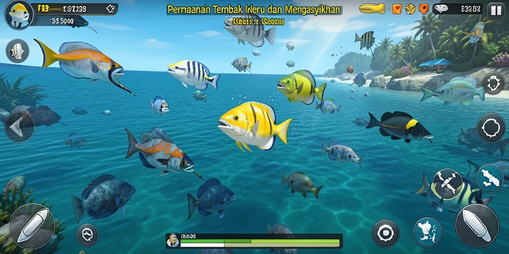 Screenshot gameplay F32 menampilkan aksi seru berburu ikan.
