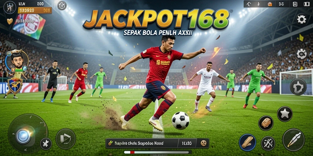 Tampilan gameplay JACKPOT168 yang memukau dengan aksi sepak bola seru.