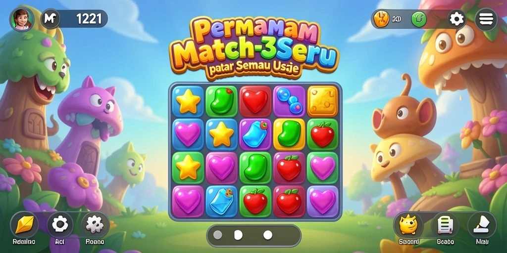 Tampilan gameplay seru dalam MPO1221 dengan elemen Match-3 yang menarik.