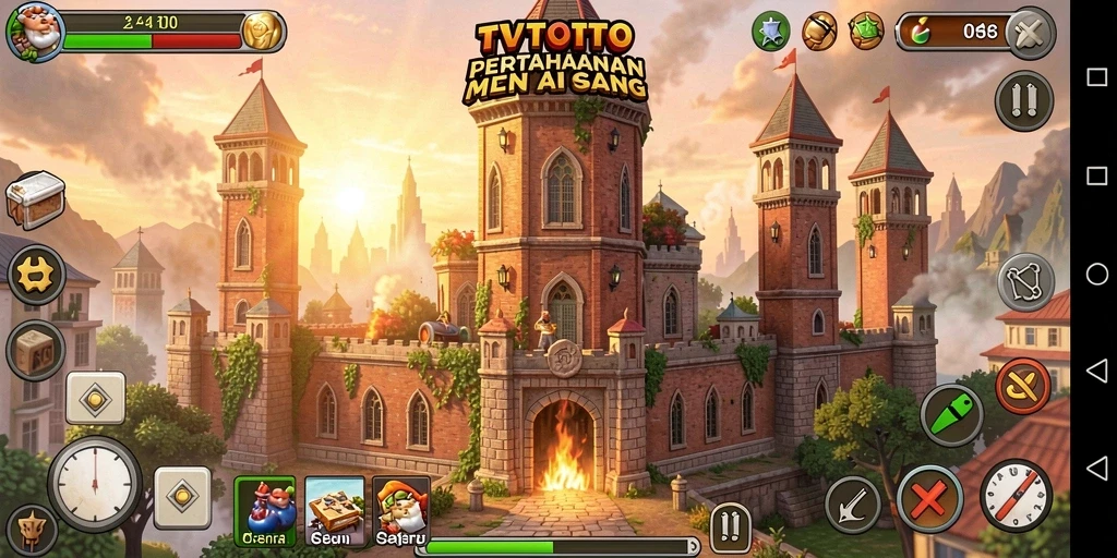 Tampilan gameplay TVTOTO dengan menara dan musuh yang berinteraksi.