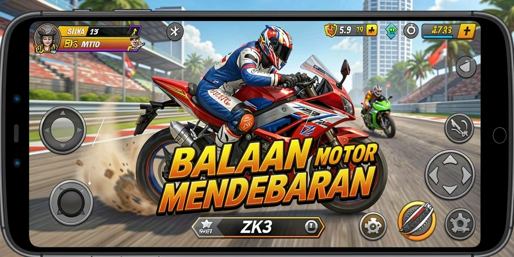 Screenshot ZK3 yang menunjukkan aksi balapan motor yang mendebarkan.